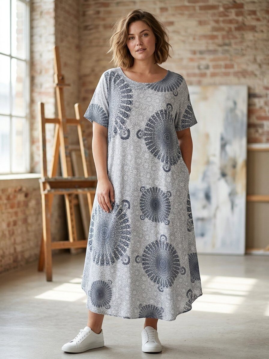 Wholesaler 168 Fashion - Short Sleeve Midi Dress with Artistic Mandala Print