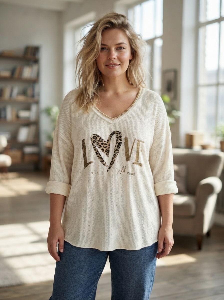 Grossista 168 Fashion - Maglia a maniche lunghe con scollo a V, dettaglio catenina e stampa LOVE