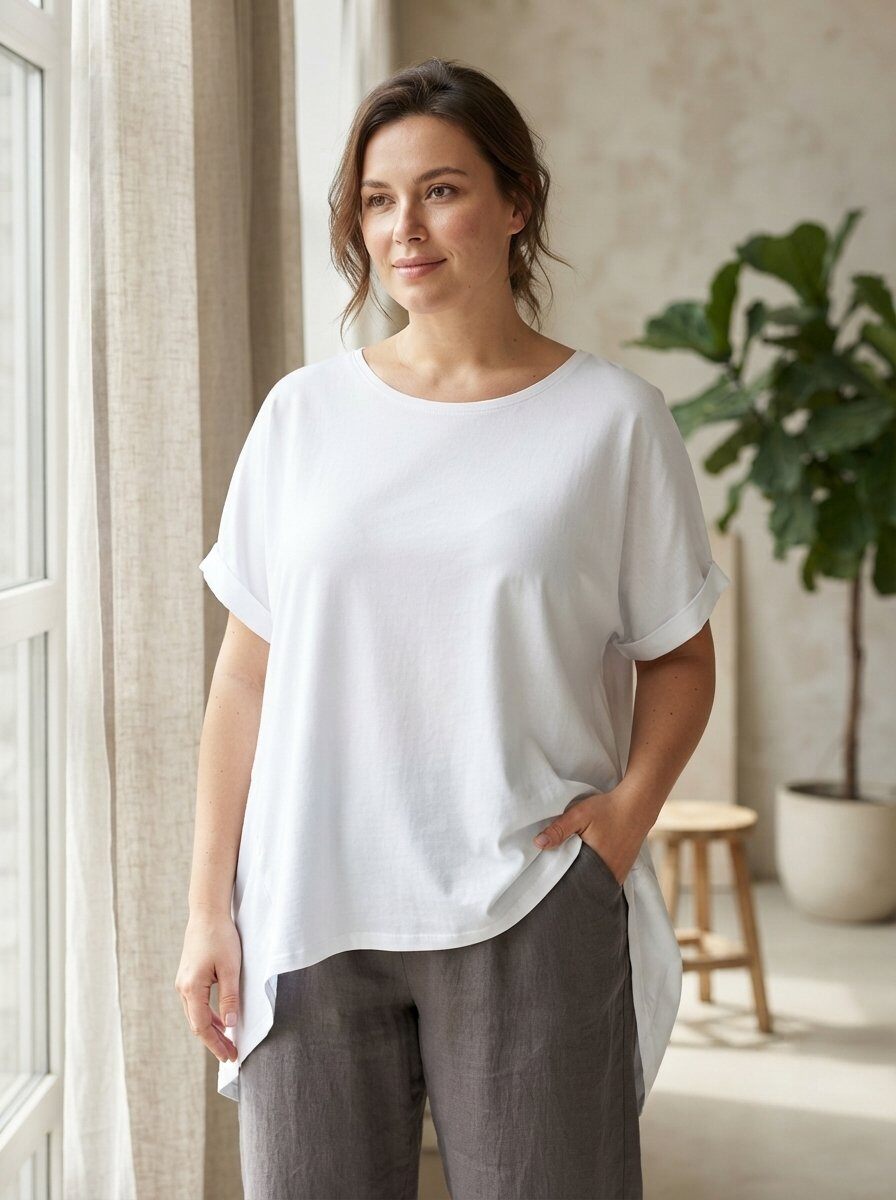 Grossiste 168 Fashion - T-shirt oversize à coupe asymétrique (high-low) et manches à revers