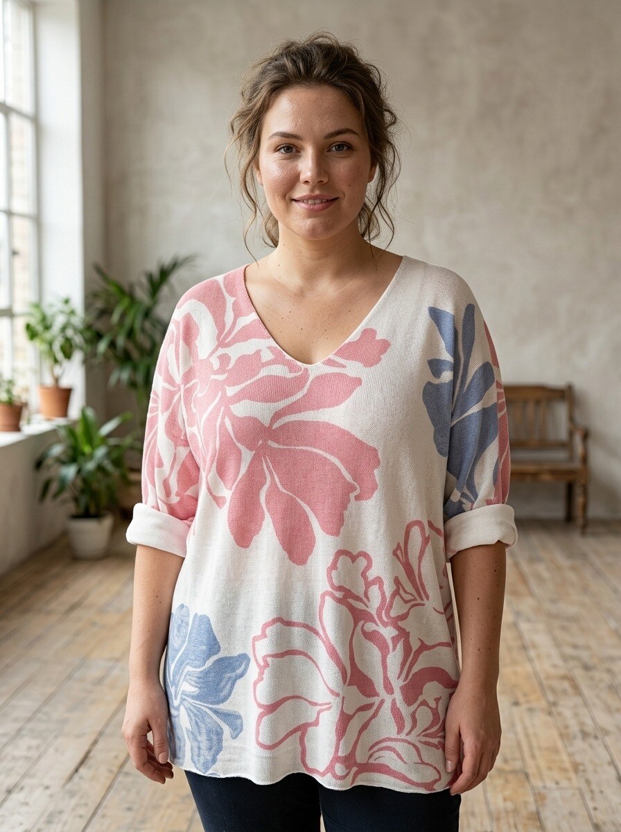Großhändler 168 Fashion - Langarmshirt mit V-Ausschnitt und Großem Blumenmuster