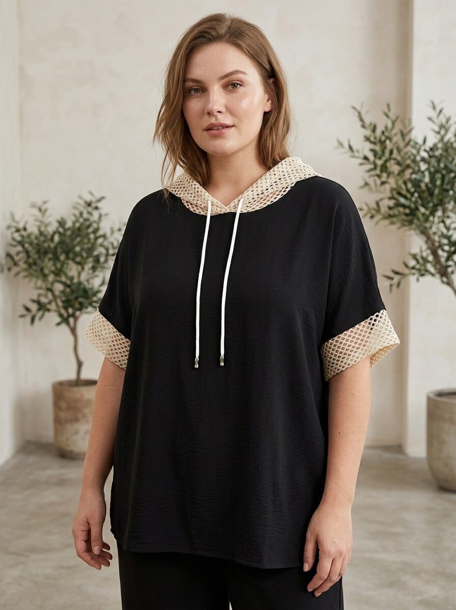 Mayorista 168 Fashion - Blusa casual con capucha de malla perforada y cordón ajustable