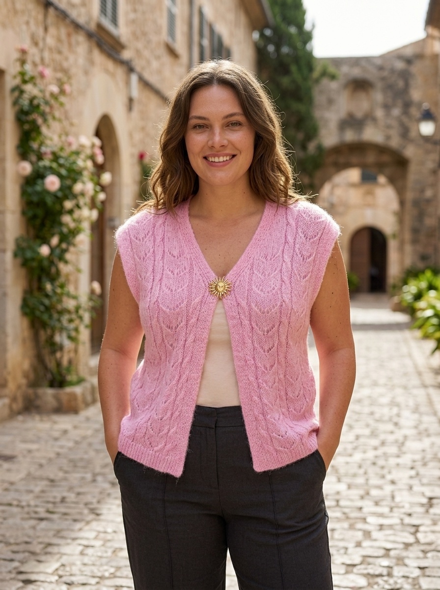 Wholesaler 168 Fashion - Vest / Sleeveless sweater with V-neck, openwork design and jewel brooch