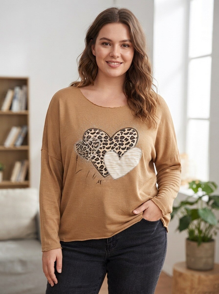Wholesaler 168 Fashion - T-shirt / Long-sleeve top with heart graphic print and rhinestones