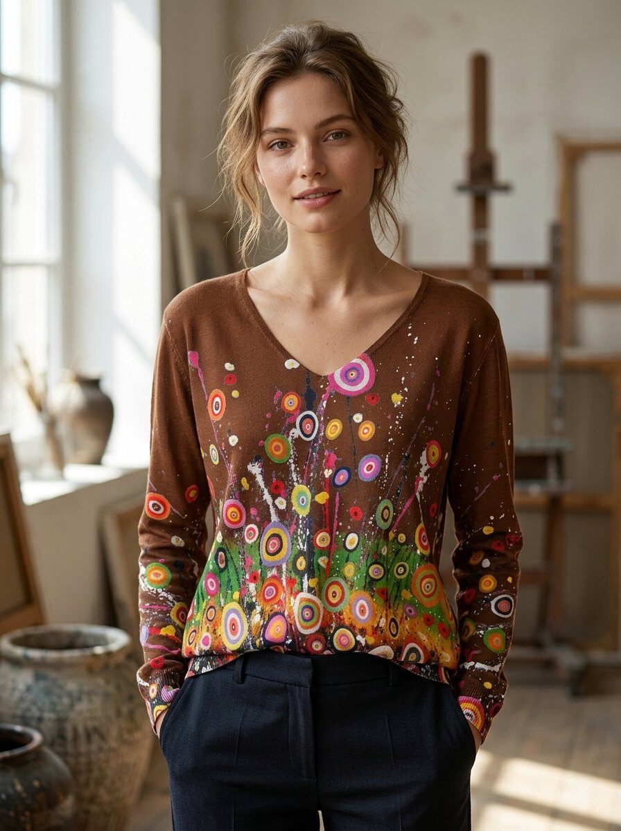 Wholesaler 168 Fashion - Lightweight long-sleeve top with V-neck and print