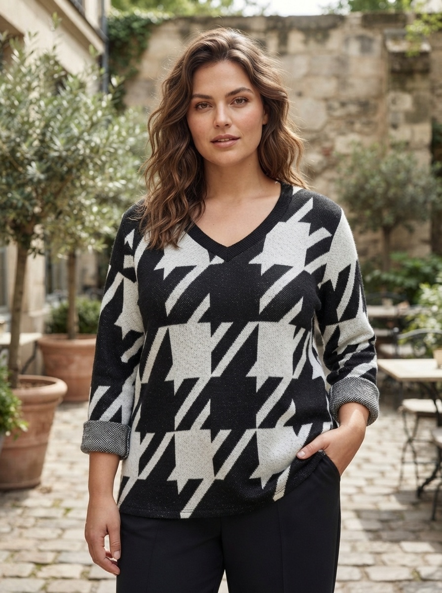 Wholesaler 168 Fashion - Long-sleeve top with houndstooth pattern and round neckline