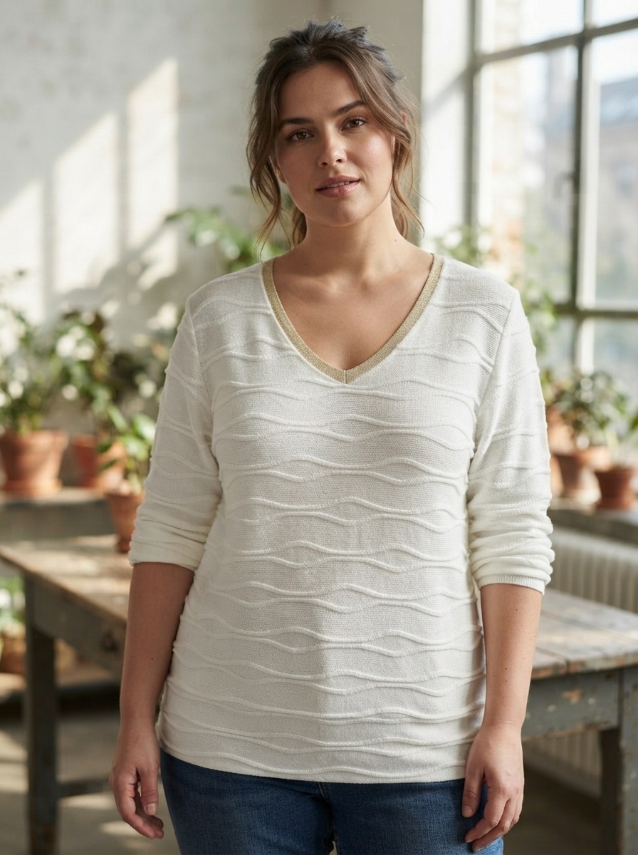 Grossista 168 Fashion - Maglia a maniche lunghe con scollo a V lamé e trama a onde in rilievo