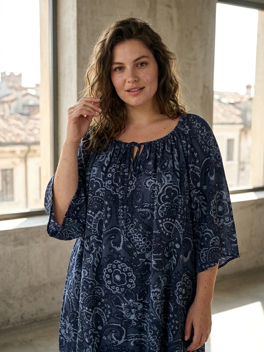 Grossista 168 Fashion - Blusa Oversize Stile Boho-Chic con Stampa, Scollo Regolabile e Maniche a Pipistrello