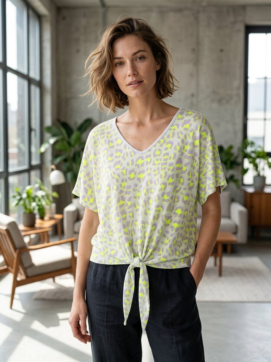 Mayorista 168 Fashion - Camiseta con cuello en V, estampado animal y nudo frontal