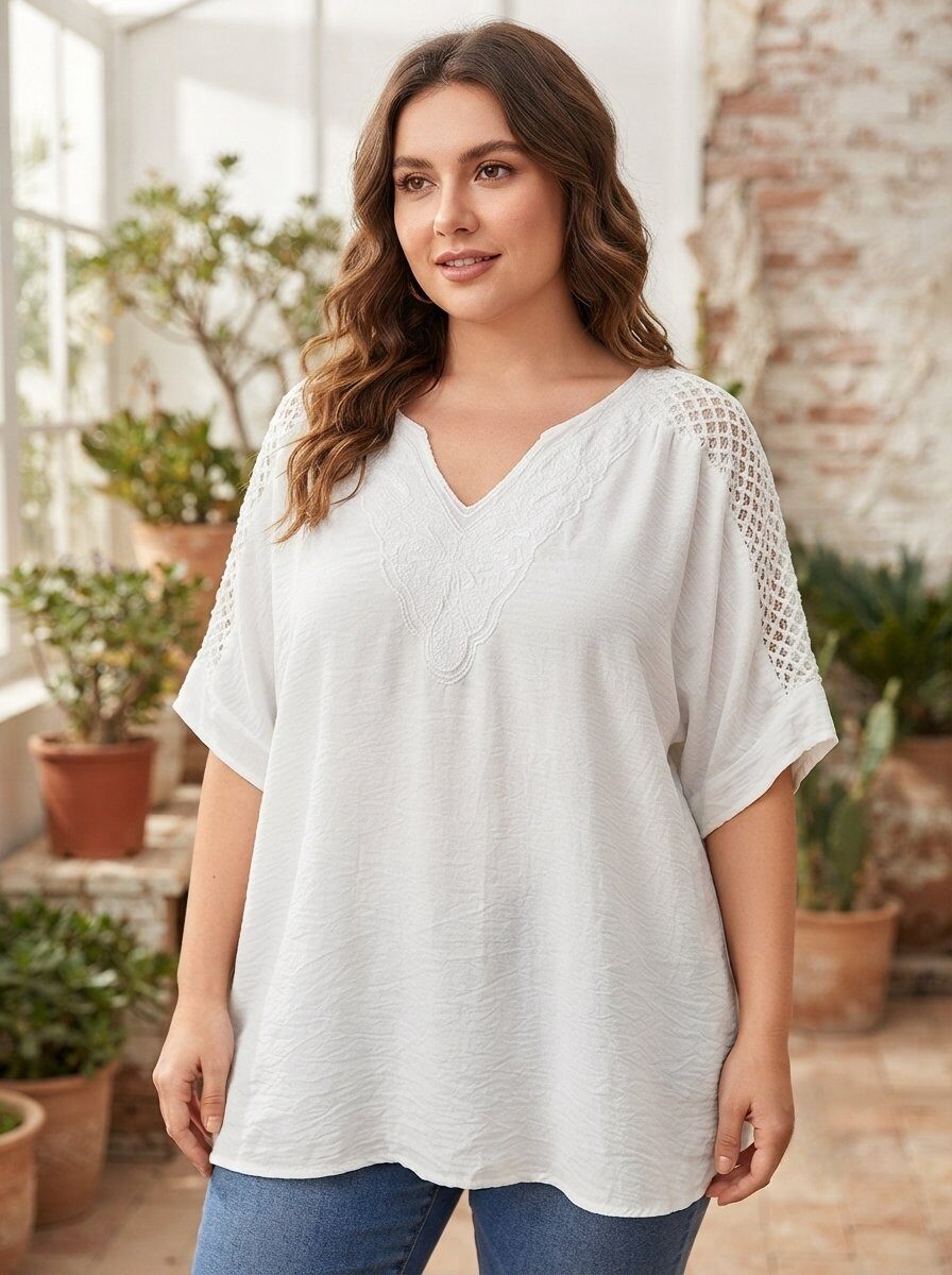 Wholesaler 168 Fashion - Curvy Blouse with V-Neck and Crochet Embroidery