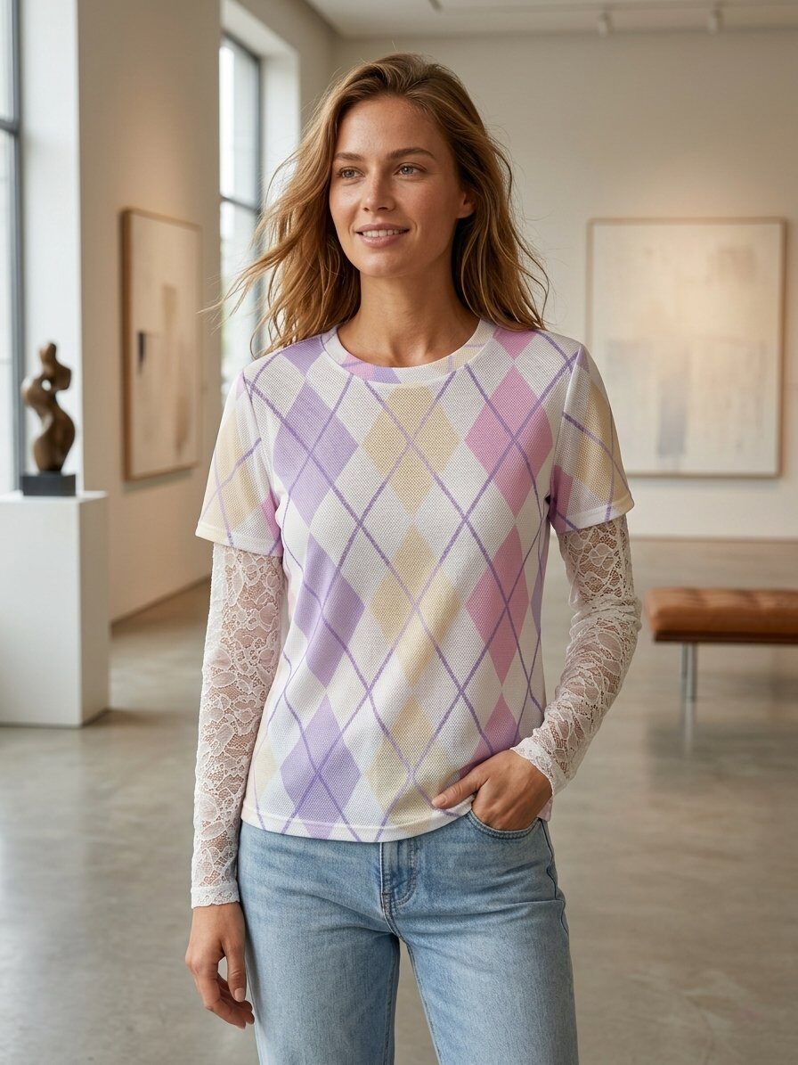 Wholesaler 168 Fashion - Preppy style sweater with argyle pattern and floral lace sleeves