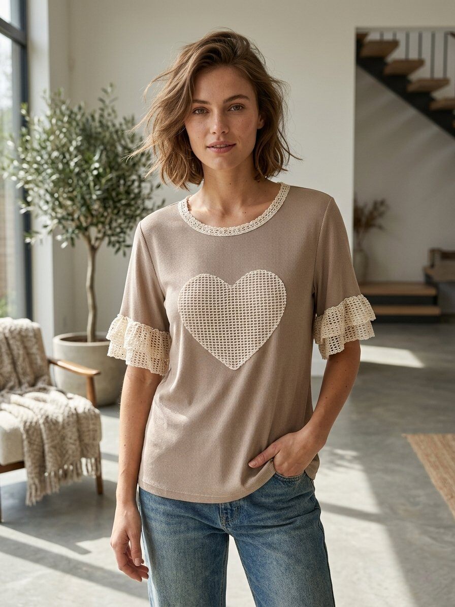 Mayorista 168 Fashion - Jersey de canalé con aplique de corazón y volantes de encaje