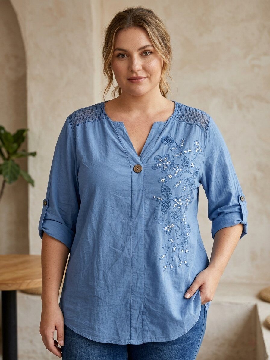 Mayorista 168 Fashion - Blusa Ligera con Escote en V, Bordados Florales e Inserciones de Crochet