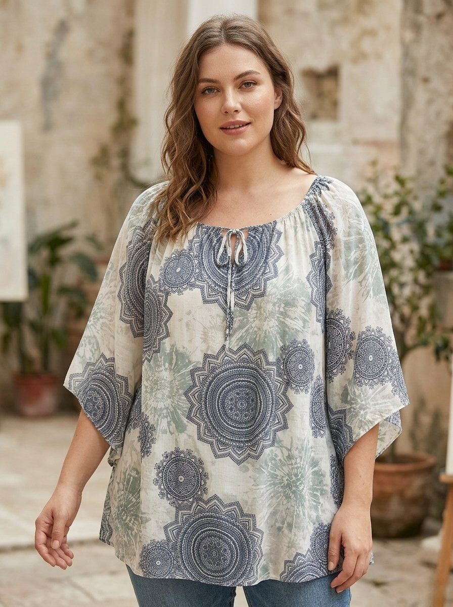 Mayorista 168 Fashion - Blusa Estilo Boho-Chic Oversize con Estampado, Escote Ajustable y Mangas Murciélago