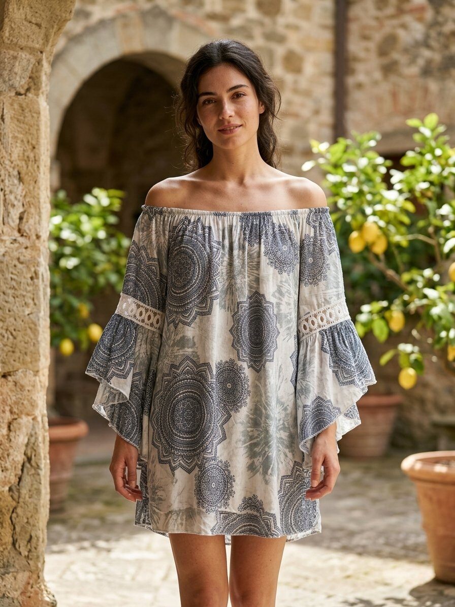 Mayorista 168 Fashion - Blusa Boho-Chic con Estampado de Mandala e Inserciones de Encaje