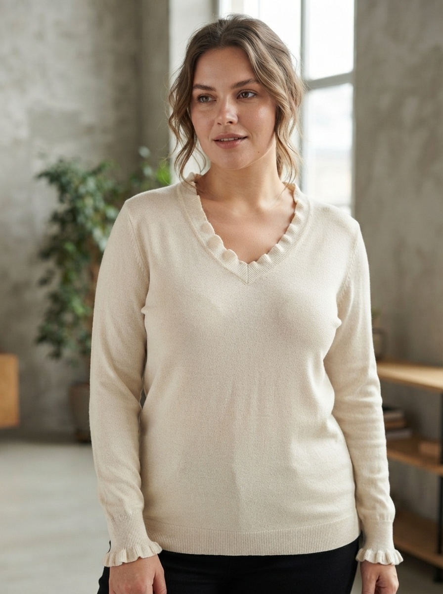 Grossiste 168 Fashion - Pull à manches longues avec col en V et détails à volants (froufrous)