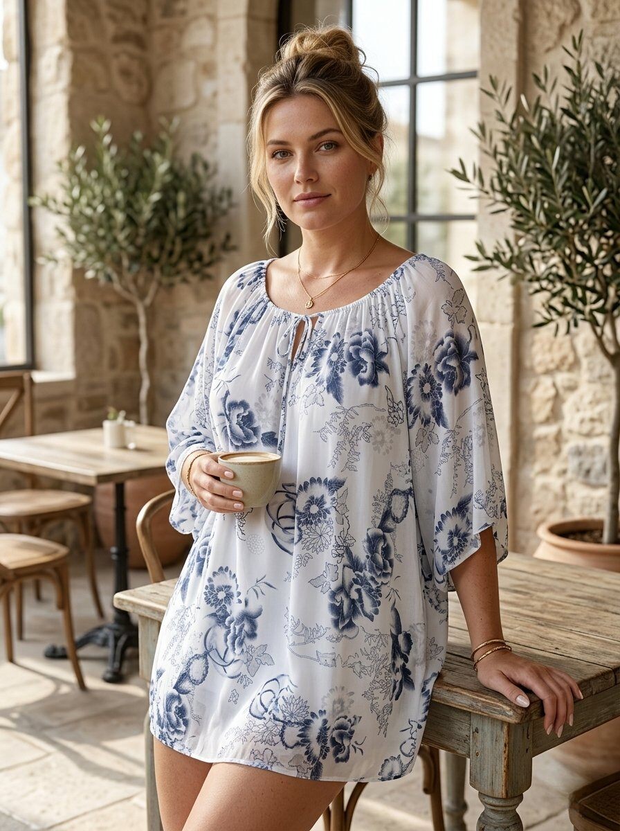 Grossista 168 Fashion - Blusa Oversize Stile Boho-Chic con Stampa, Scollo Regolabile e Maniche a Pipistrello