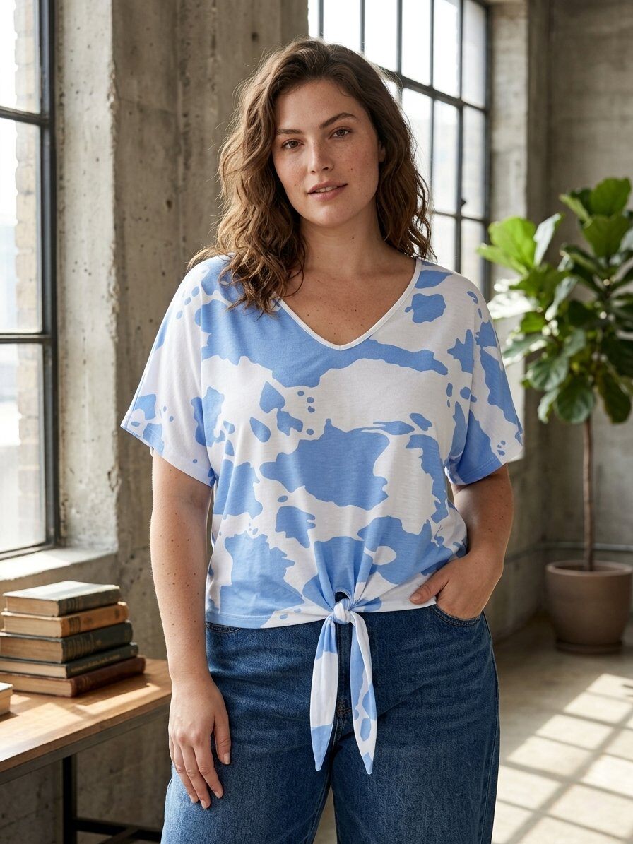 Mayorista 168 Fashion - Camiseta con cuello en V, estampado animal y nudo frontal