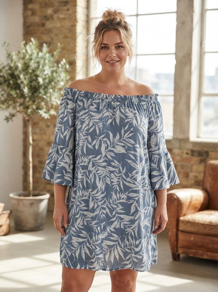 Wholesaler 168 Fashion - Off-Shoulder Midi Dress with Botanical Print and Ruffled Sleeves