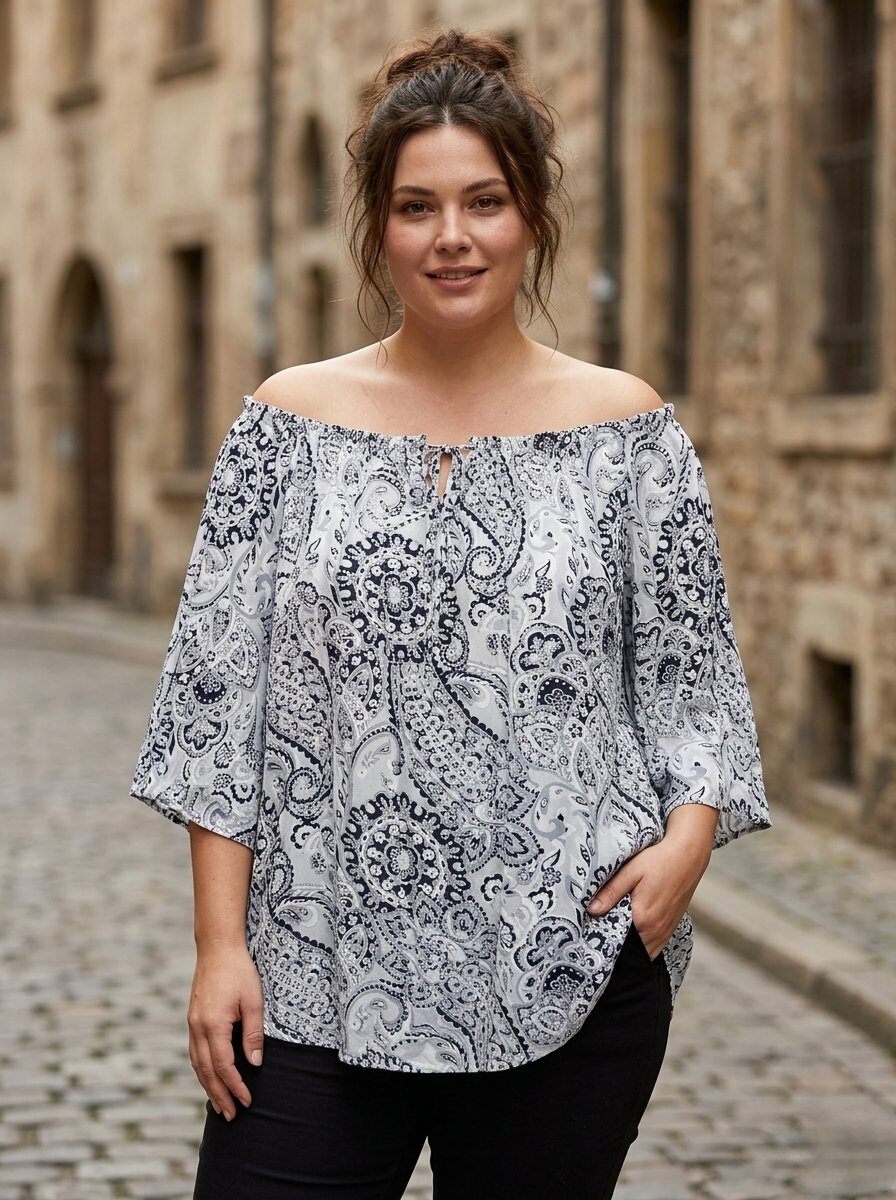 Grossista 168 Fashion - Blusa Oversize Stile Boho-Chic con Stampa, Scollo Regolabile e Maniche a Pipistrello