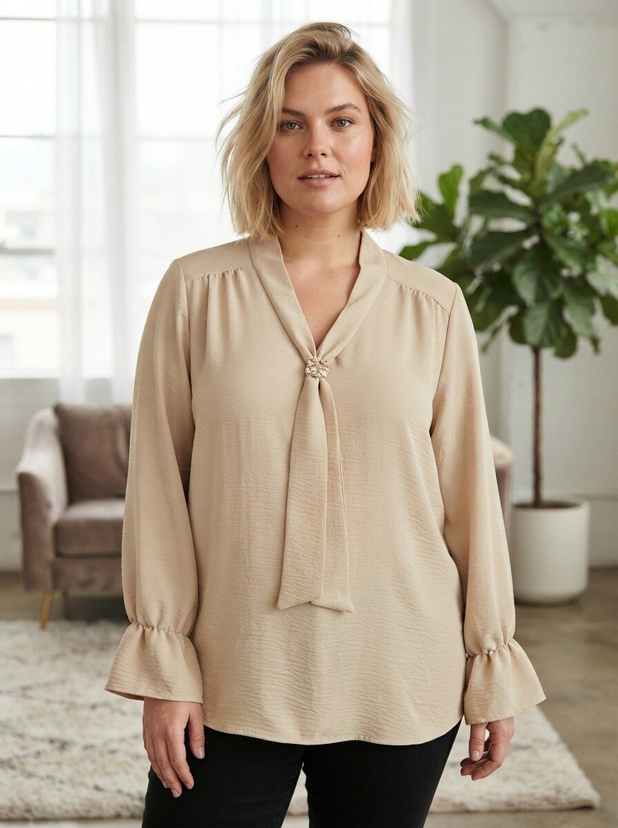 Wholesaler 168 Fashion - Elegant long-sleeve blouse with a tie-neck and jewel detail
