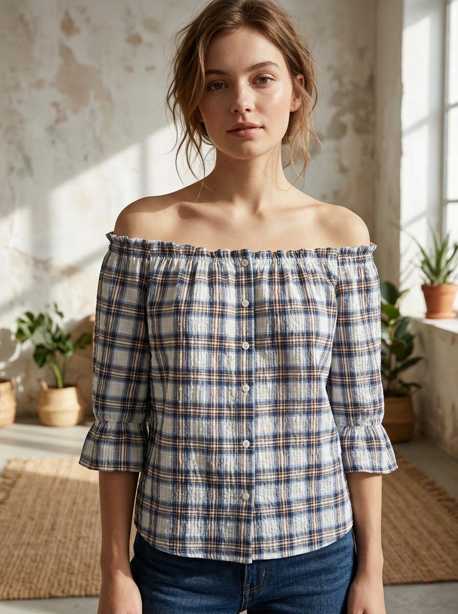 Wholesaler 168 Fashion - Plaid Seersucker Fabric Blouse with Boat Neckline and Stretch Effect