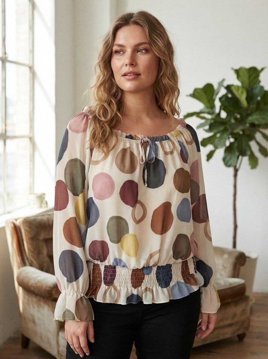 Grossiste 168 Fashion - Blouse à manches longues avec imprimé à pois, encolure élastique, cordon de serrage et ourlet froncé