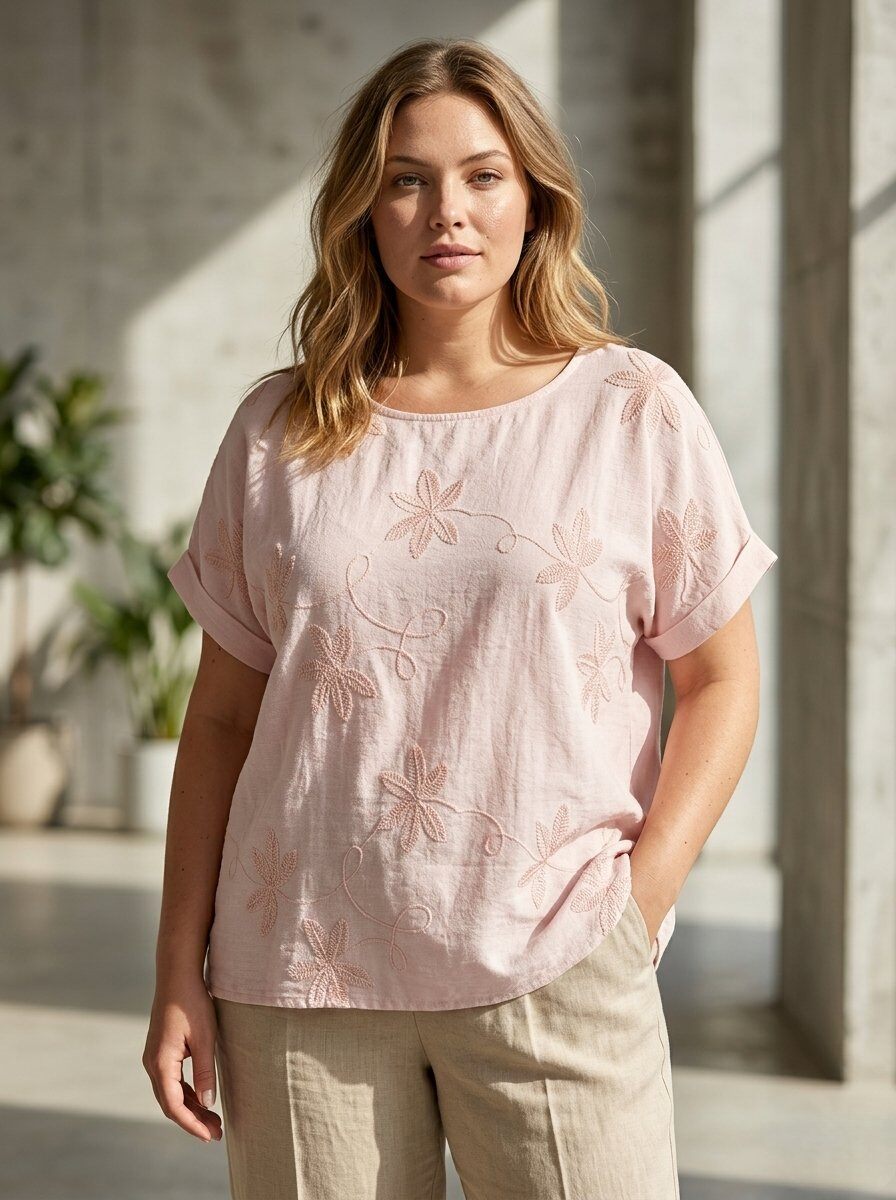Grossiste 168 Fashion - Blouse Oversize Décontractée avec Broderie Florale en Relief et Manches à Revers