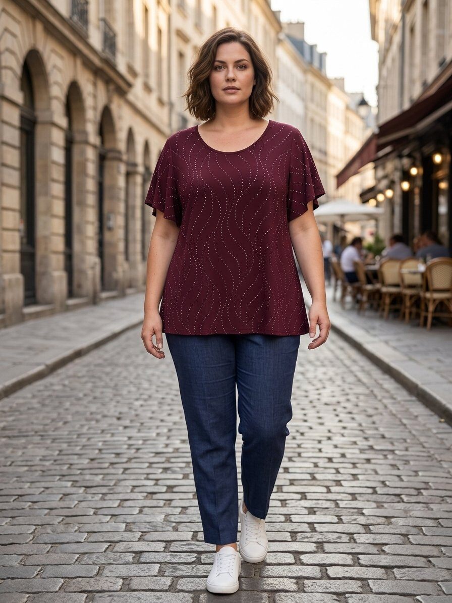 Wholesaler 168 Fashion - Elegant Women's Short Sleeve Top with Glitter - Loose Fit