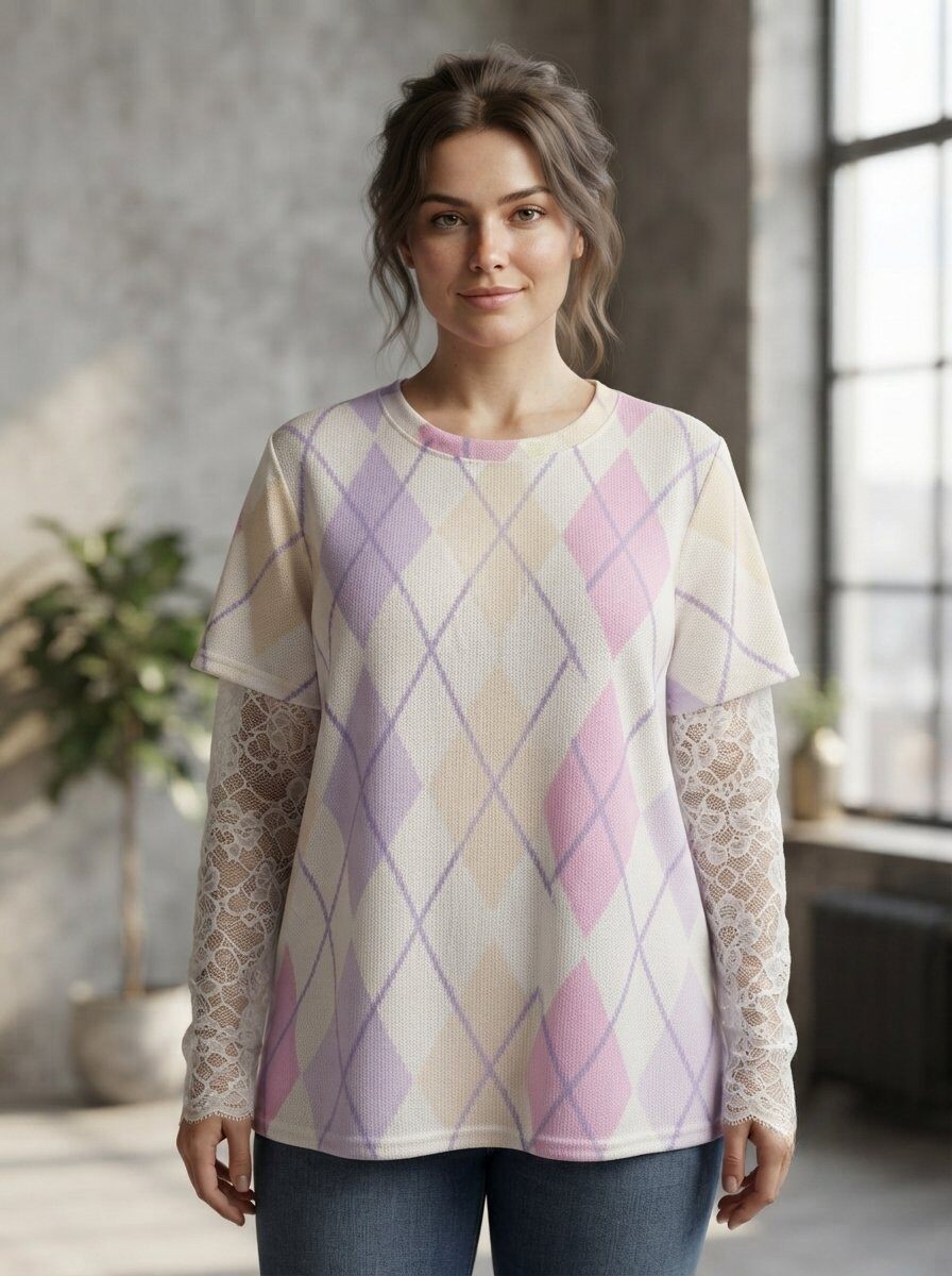 Grossista 168 Fashion - Maglia Preppy Style con Motivo a Rombi e Maniche in Pizzo Floreale