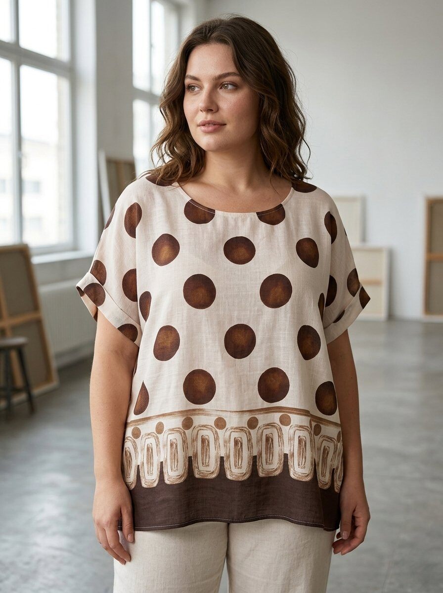 Grossista 168 Fashion - Blusa Oversize con Stampa a Pois e Bordura Geometrica a Contrasto