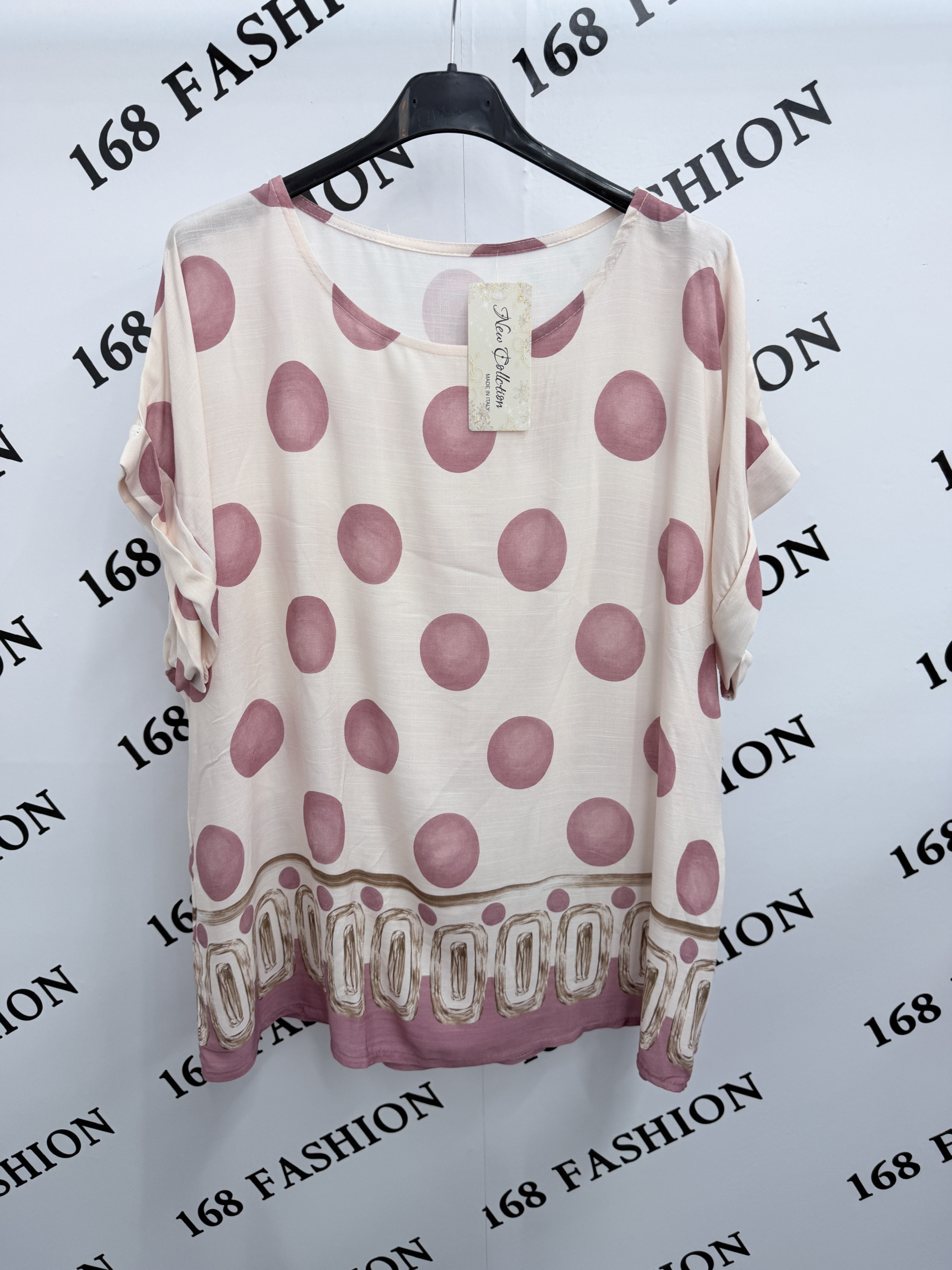 Grossista 168 Fashion - Blusa Oversize con Stampa a Pois e Bordura Geometrica a Contrasto