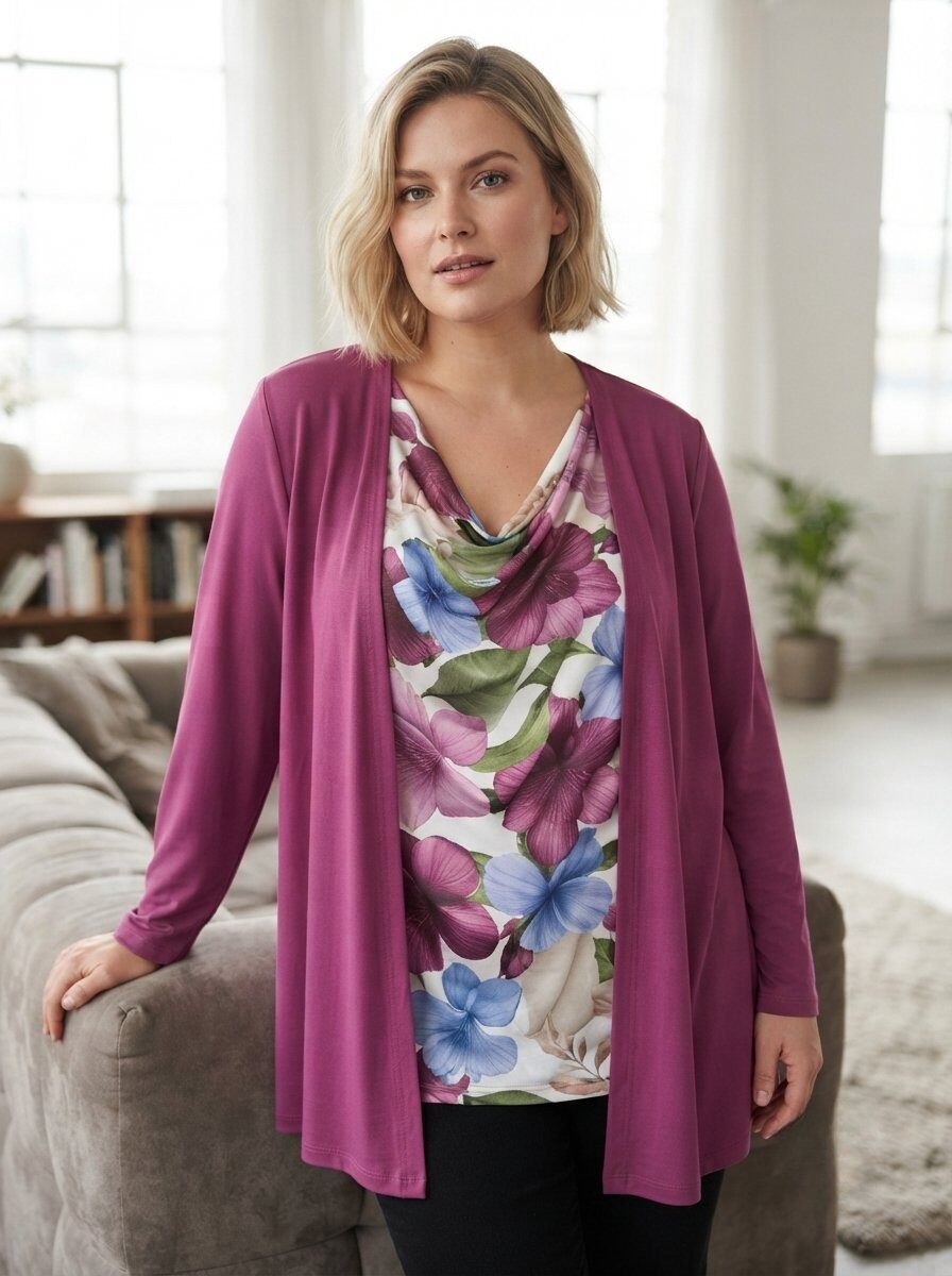 Grossiste 168 Fashion - Blouse / Cardigan Deux-en-Un avec Design Effet Superposé et Col Drapé