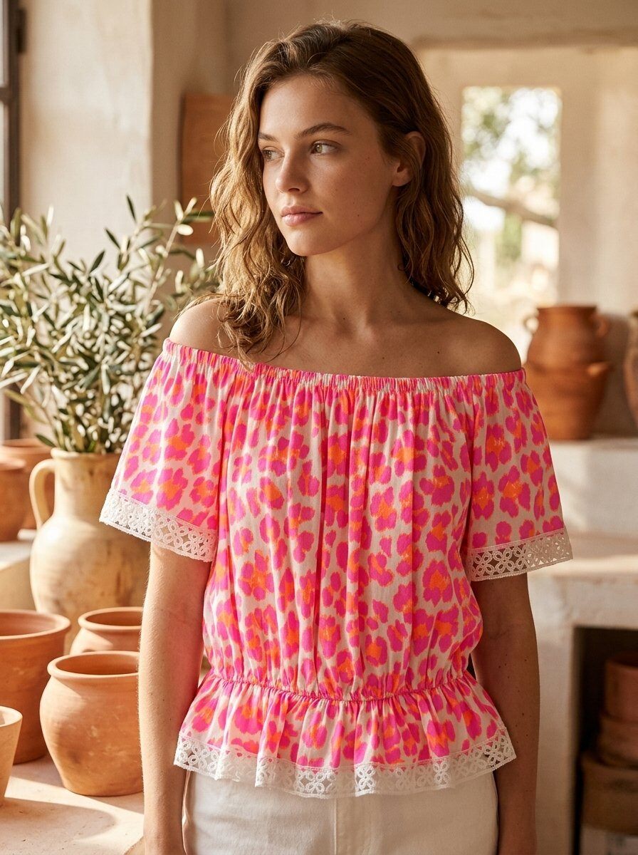 Mayorista 168 Fashion - Blusa Corta con Estampado Animal, Escote Elástico y Bordes de Encaje de Crochet