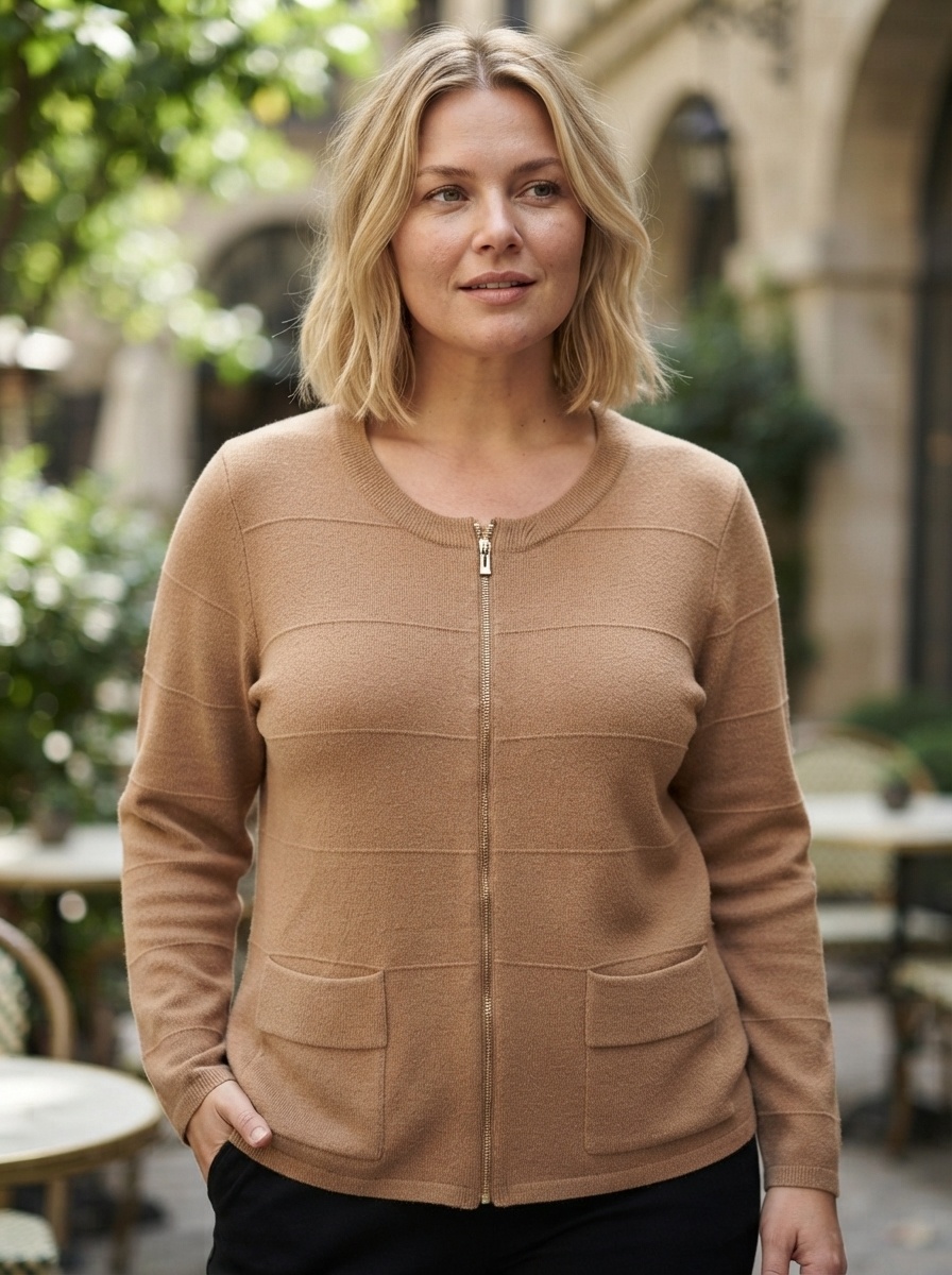 Grossista 168 Fashion - Cardigan in maglia con zip frontale, scollo rotondo e tasche applicate