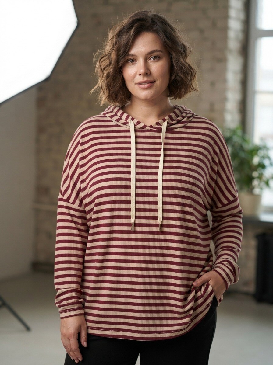Grossiste 168 Fashion - Sweat à Capuche à Manches Longues avec Cordon de Serrage et Motif Rayé