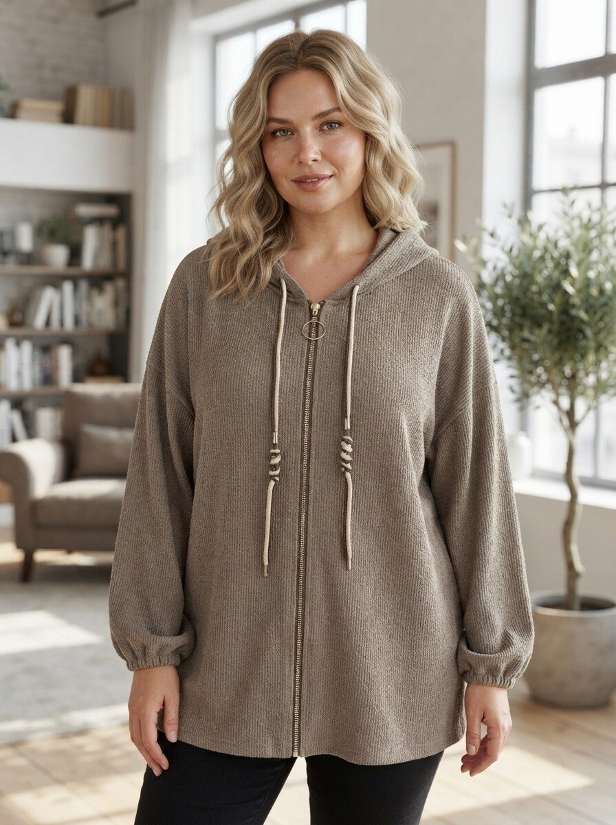 Grossiste 168 Fashion - Sweat à Capuche Long, Fermeture Éclair Intégrale, Cordon Décoratif et Manches Longues