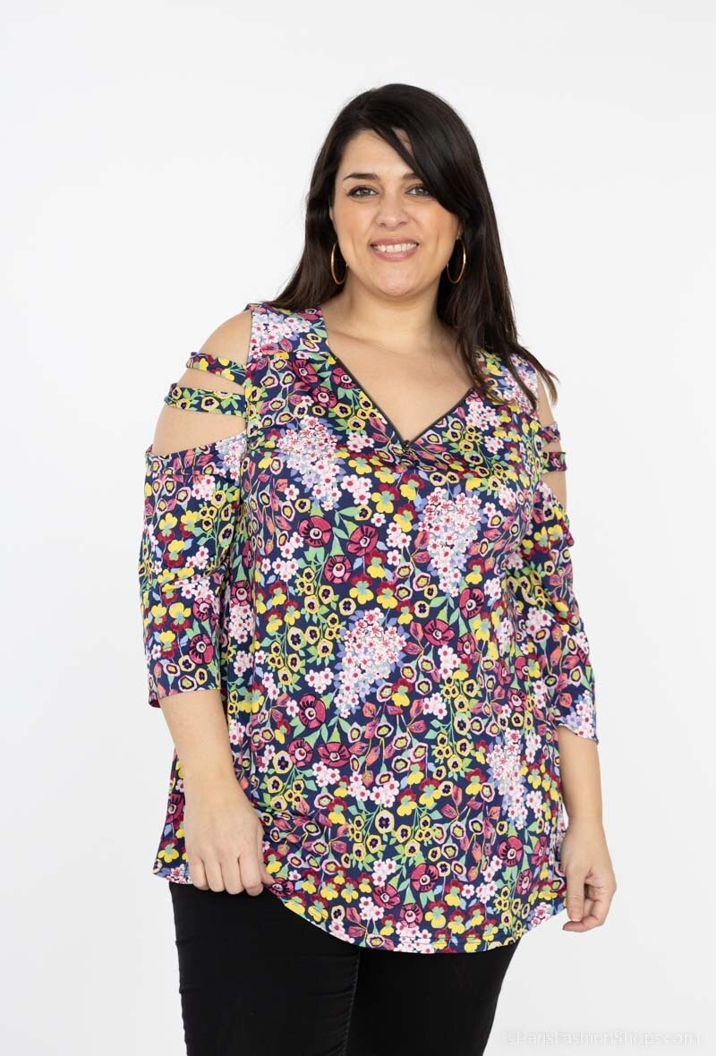 Wholesaler 2W Paris - V-neck printed blouse with off-the-shoulder sleeves