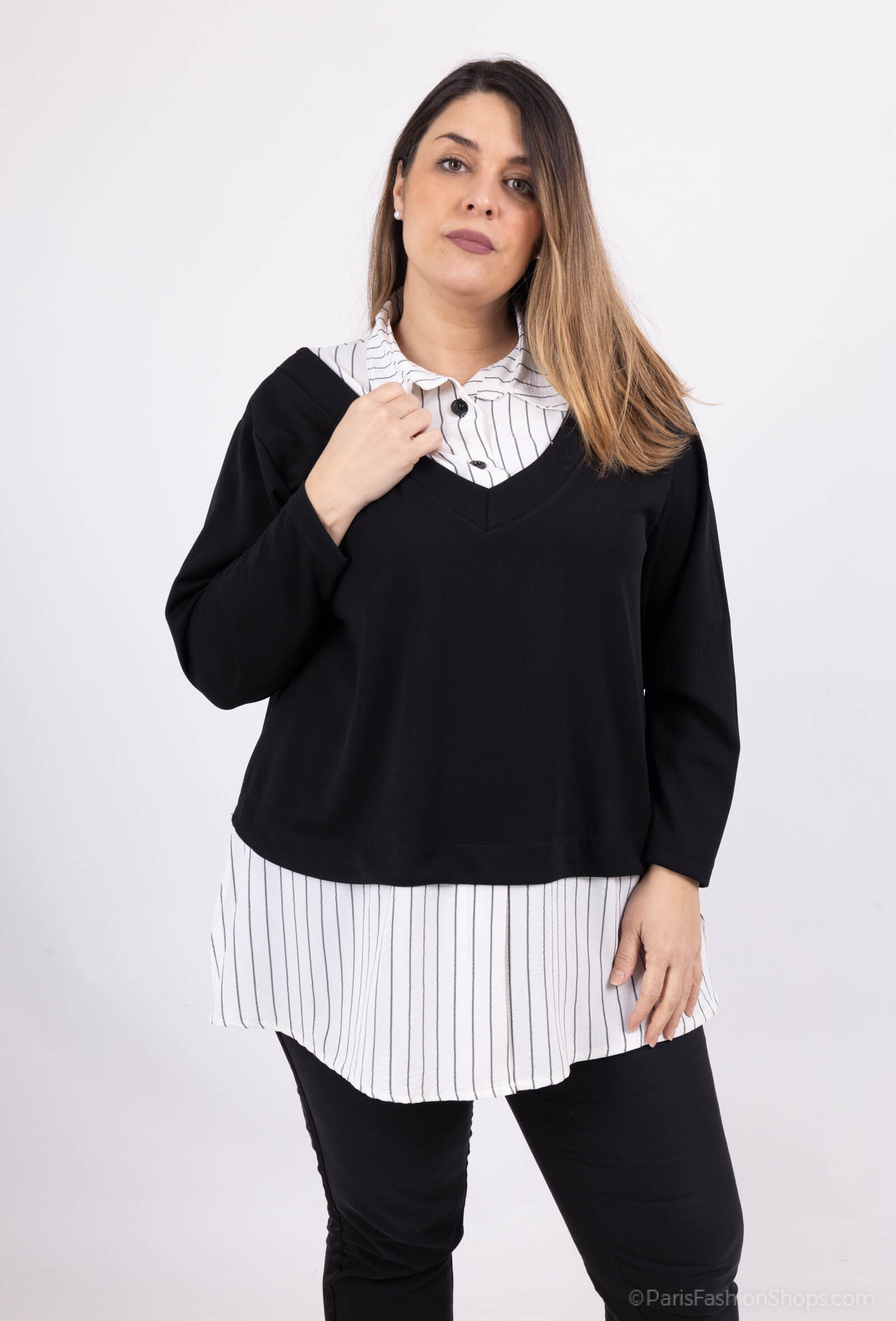 Grossiste 2W Paris - Blouses en faux deux pièces à rayures avec uni