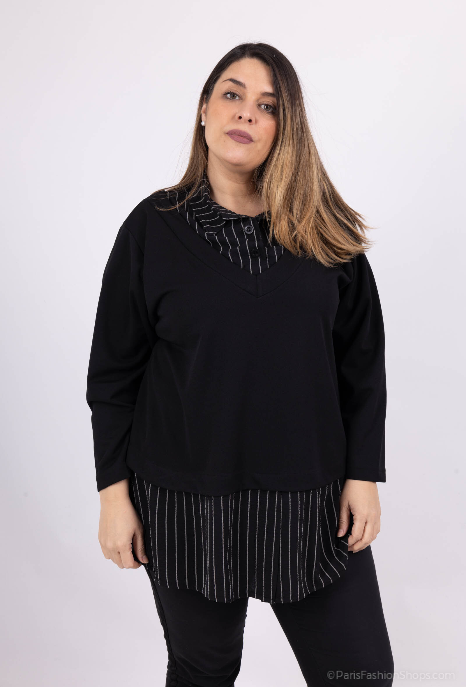 Wholesaler 2W Paris - Striped faux two piece blouses with solid