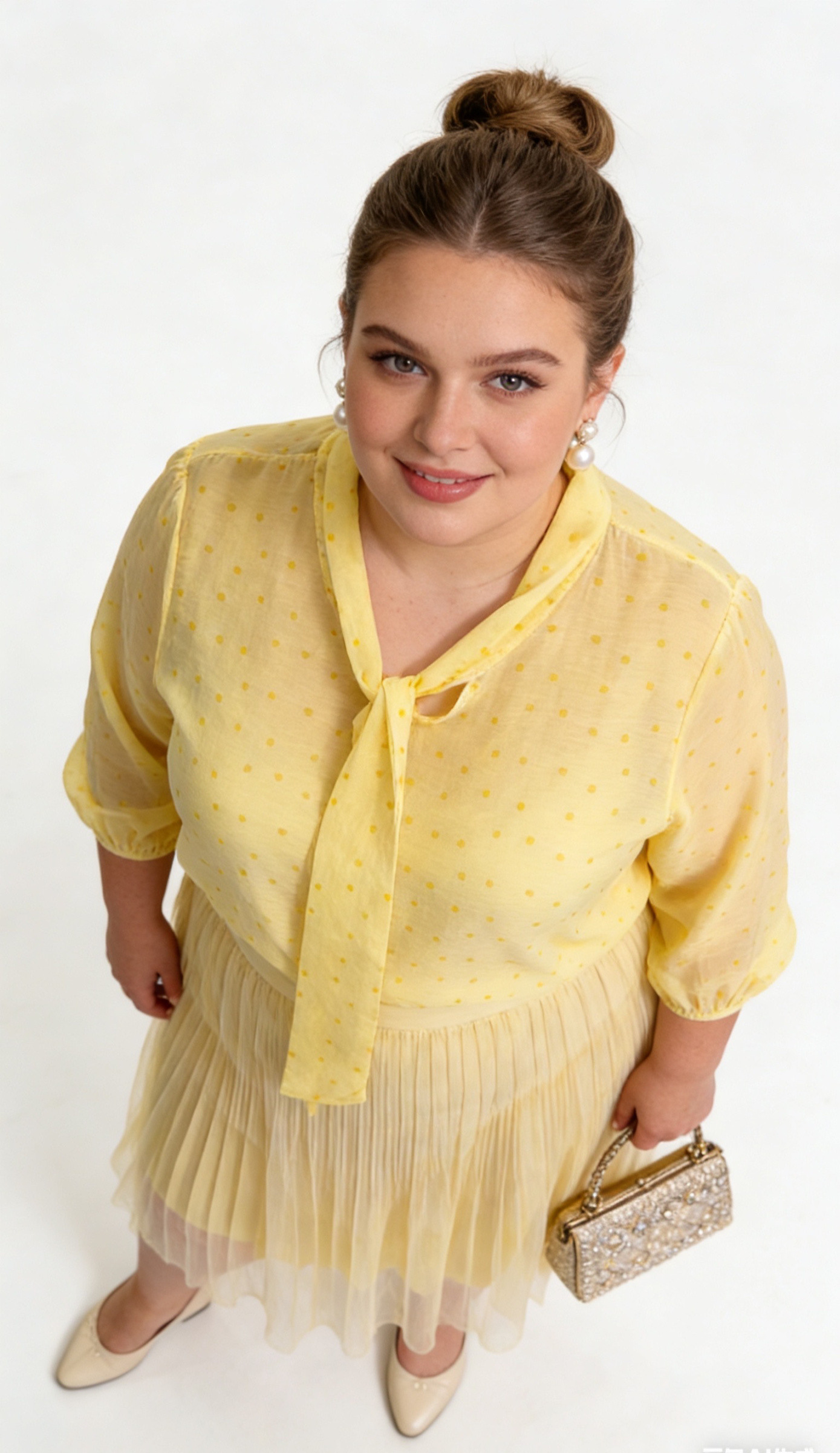 Mayorista CURVY RONDE (Grande Taille/Over Size) - Blusa de talla grande de gasa con estampado de pequeños corazones y cuello con lazo