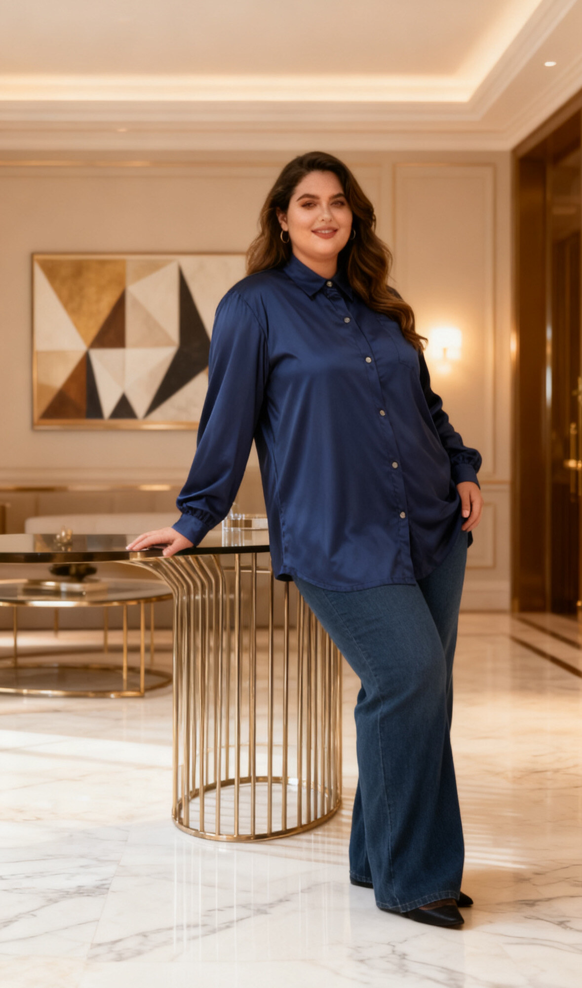 Chemise en satin polyester, idéale pour tous les jours
REF:2WH03 La longueur: 85 cm.
La mannequin mesure 175cm et porte une taille (T3) 46-48
(T3) 46-48 Tour de poitrine:132 cm.