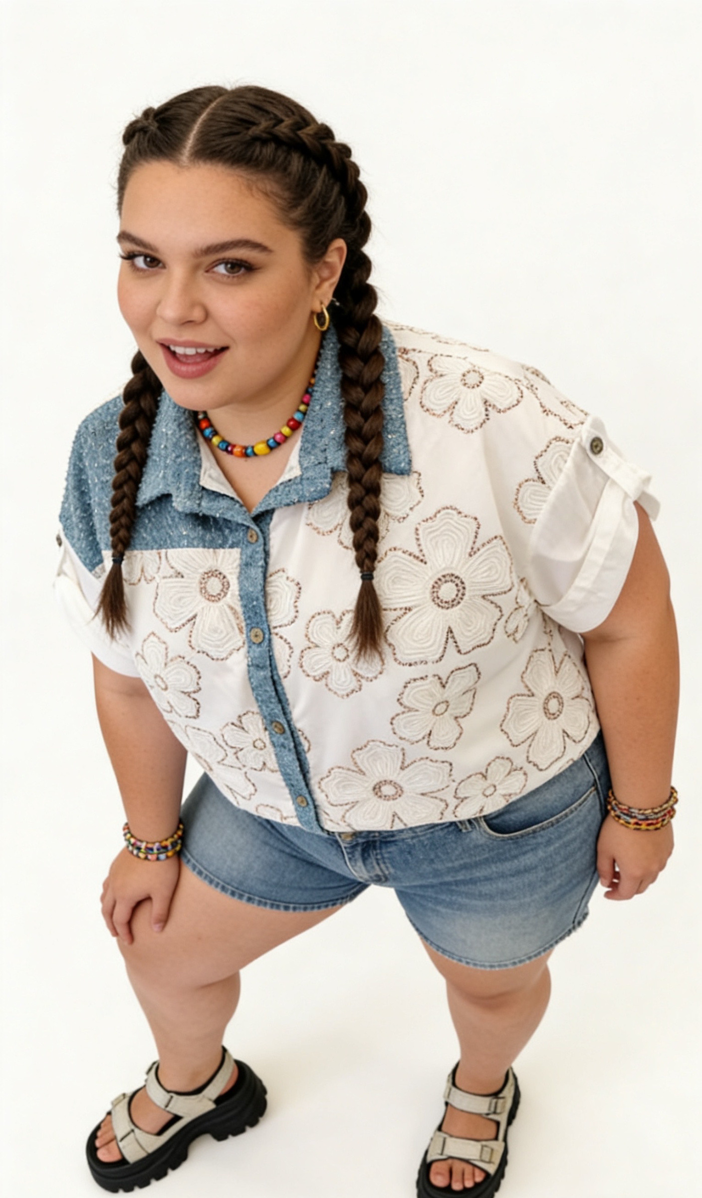 Großhändler CURVY RONDE (Grande Taille/Over Size) - Damenbluse in Übergröße mit Blumenstickerei, Patchwork, gebürstetem Denim mit Pailletten, Kurzarm
