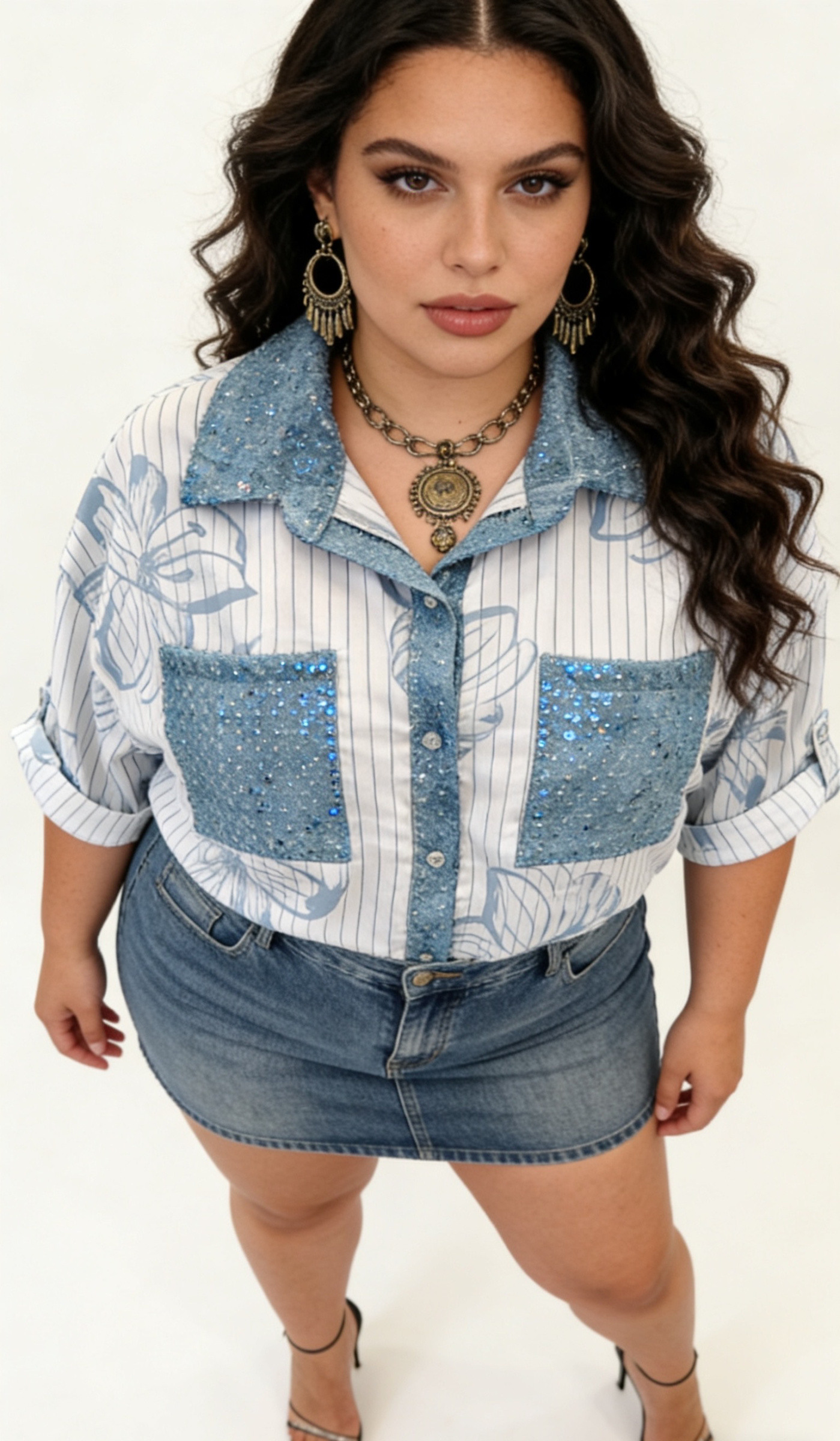 Mayorista CURVY RONDE (Grande Taille/Over Size) - Camisa Estampada para Mujer Talla Grande, Cuello y Bolsillos de Denim Cepillado con Lentejuelas, Mangas de Largo Medio Enrollables