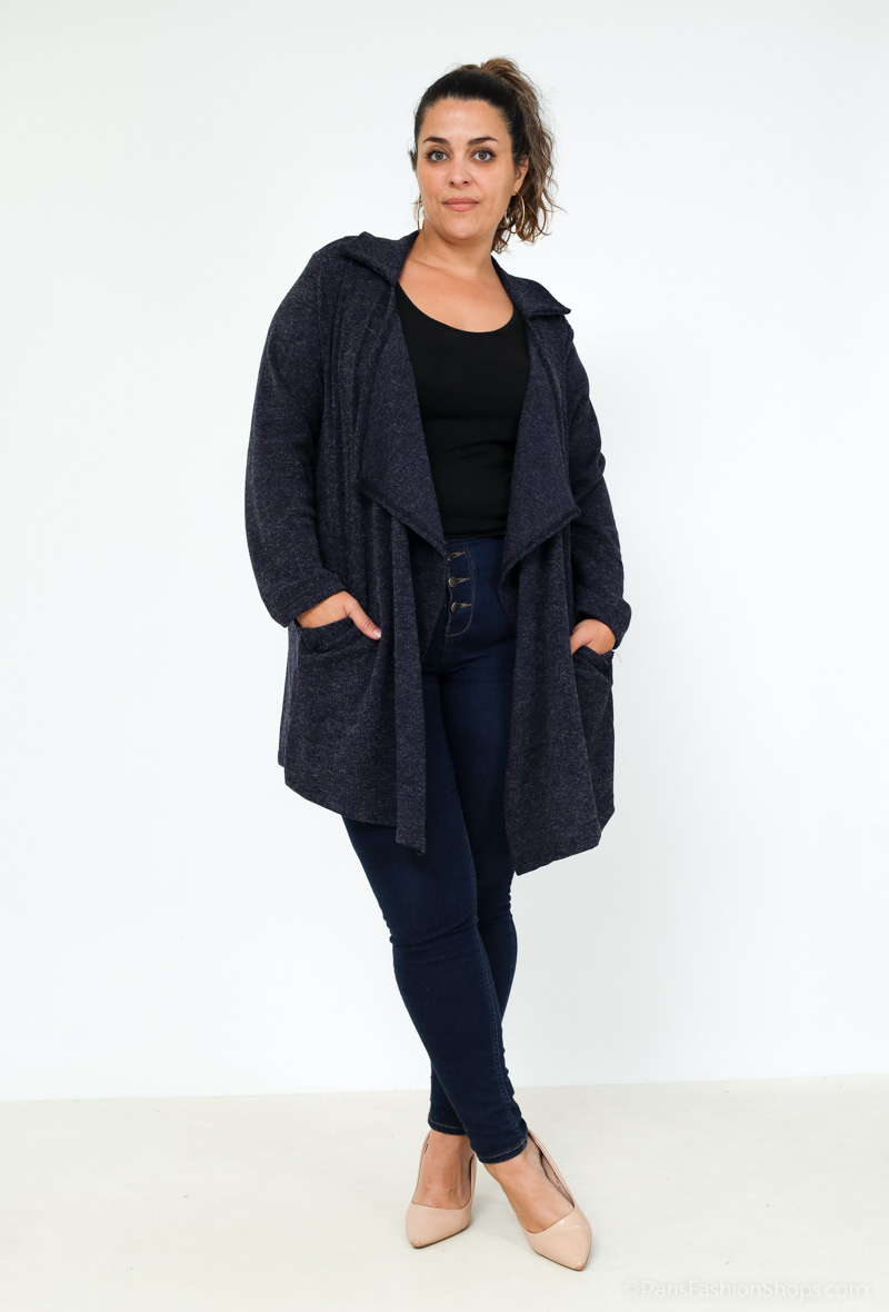 Wholesaler 2W Paris - Ribbed cardigan with open waterfall collar pockets