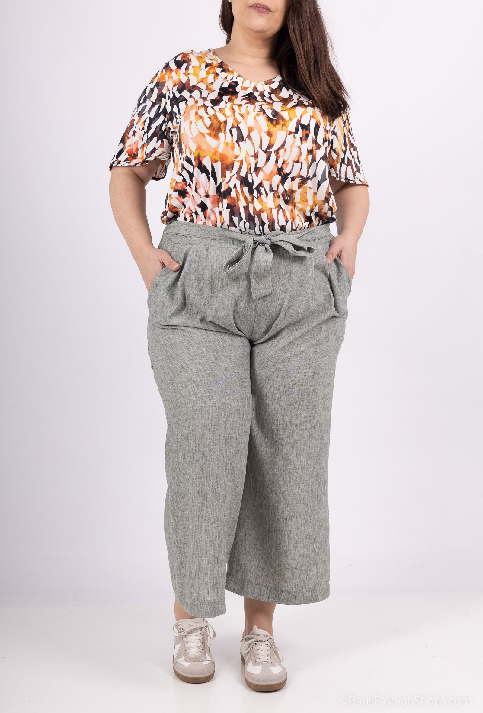 Wholesaler 2W Paris - Fluid pantacourt evassed with fabric belt like linen in large sizes