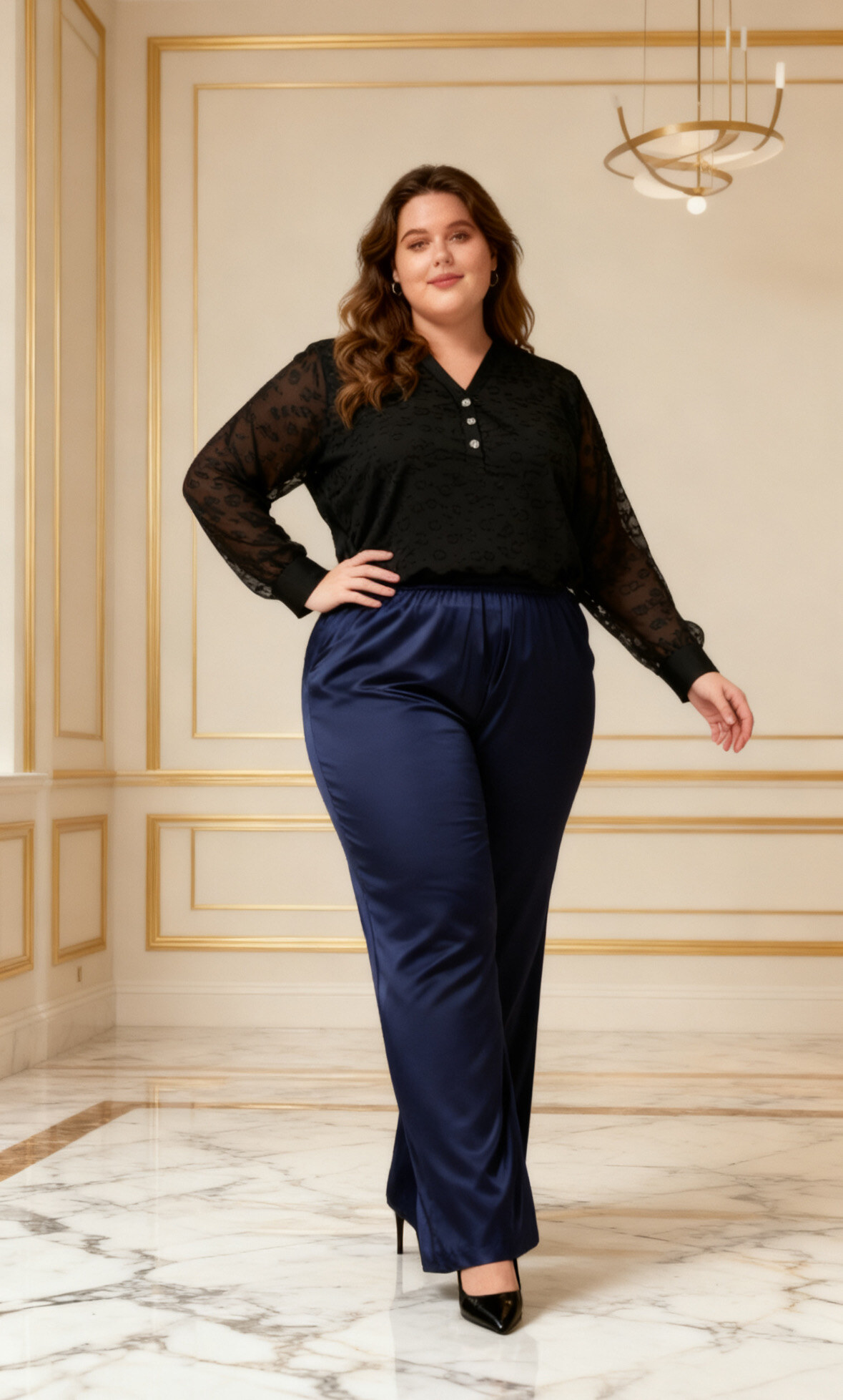 Pantalon large en satiné, pour allier confort et élégance moderne.
REF/2WP01 Longueur : 105 cm
La mannequin mesure 175cm et porte une taille (T3) 46-48
(T3) 46-48 Tour de taille:90 cm.