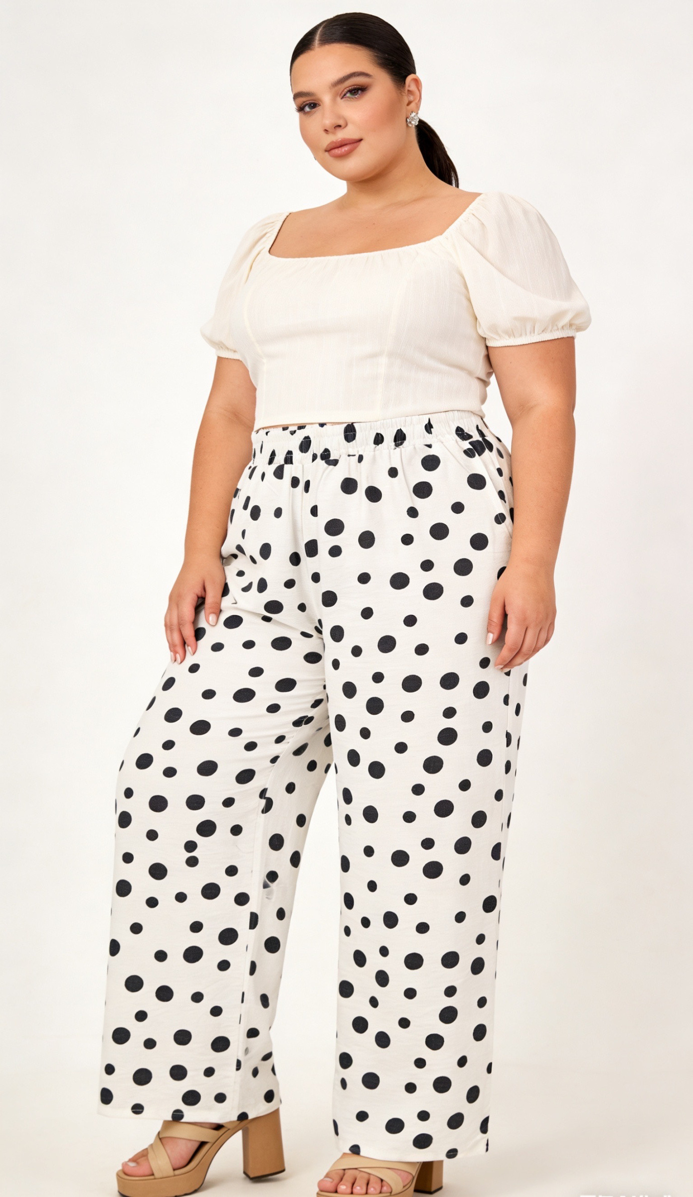 Grossista 2W Paris (Grande taille / Plus Size ) - Pantaloni taglie forti con stampa a pois e vestibilità comoda, taglie 46 a 60