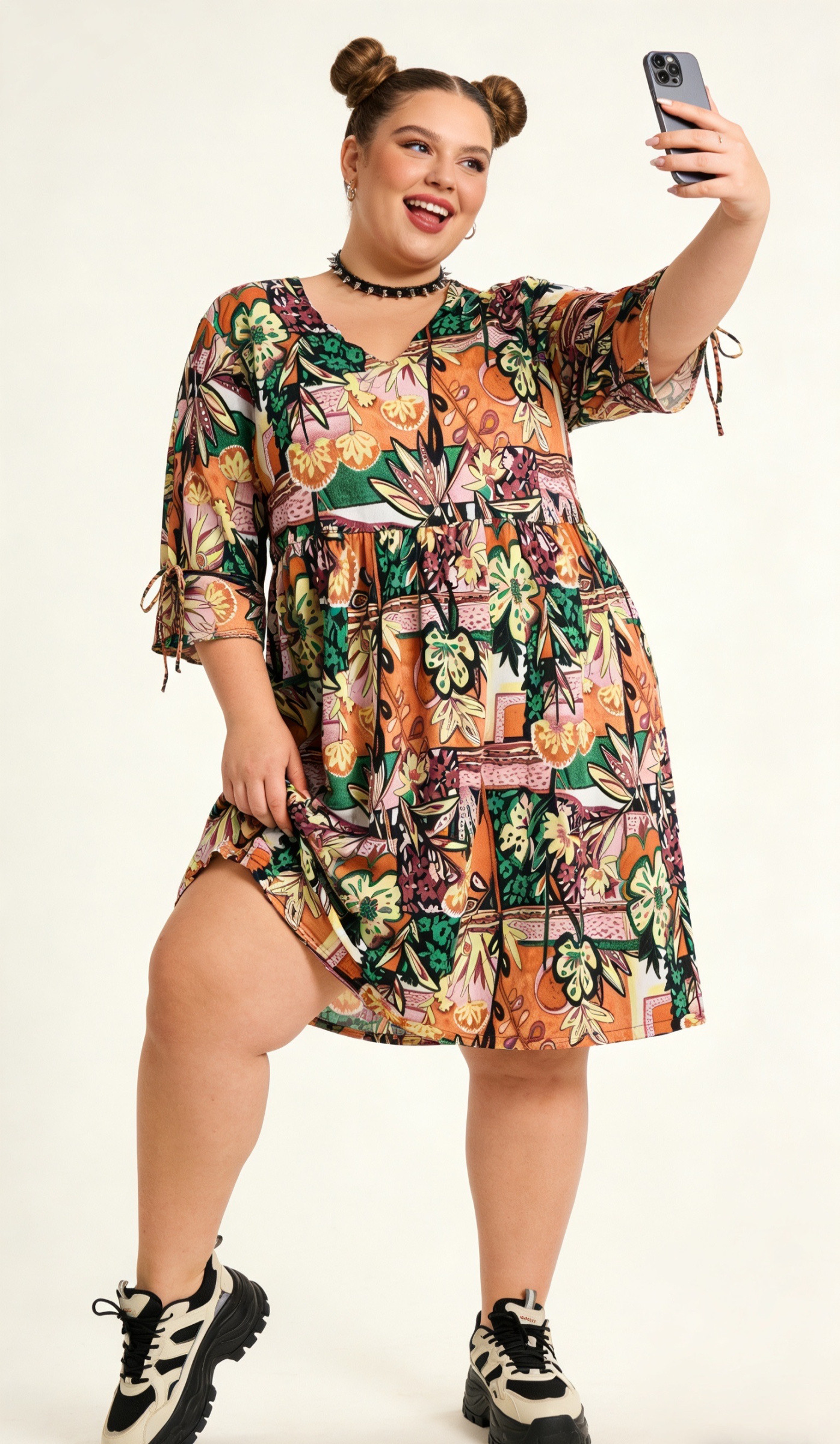 Wholesaler 2W Paris (Grande taille / Plus Size ) - Plus size tropical print dress with scalloped collar sizes 46 to 60