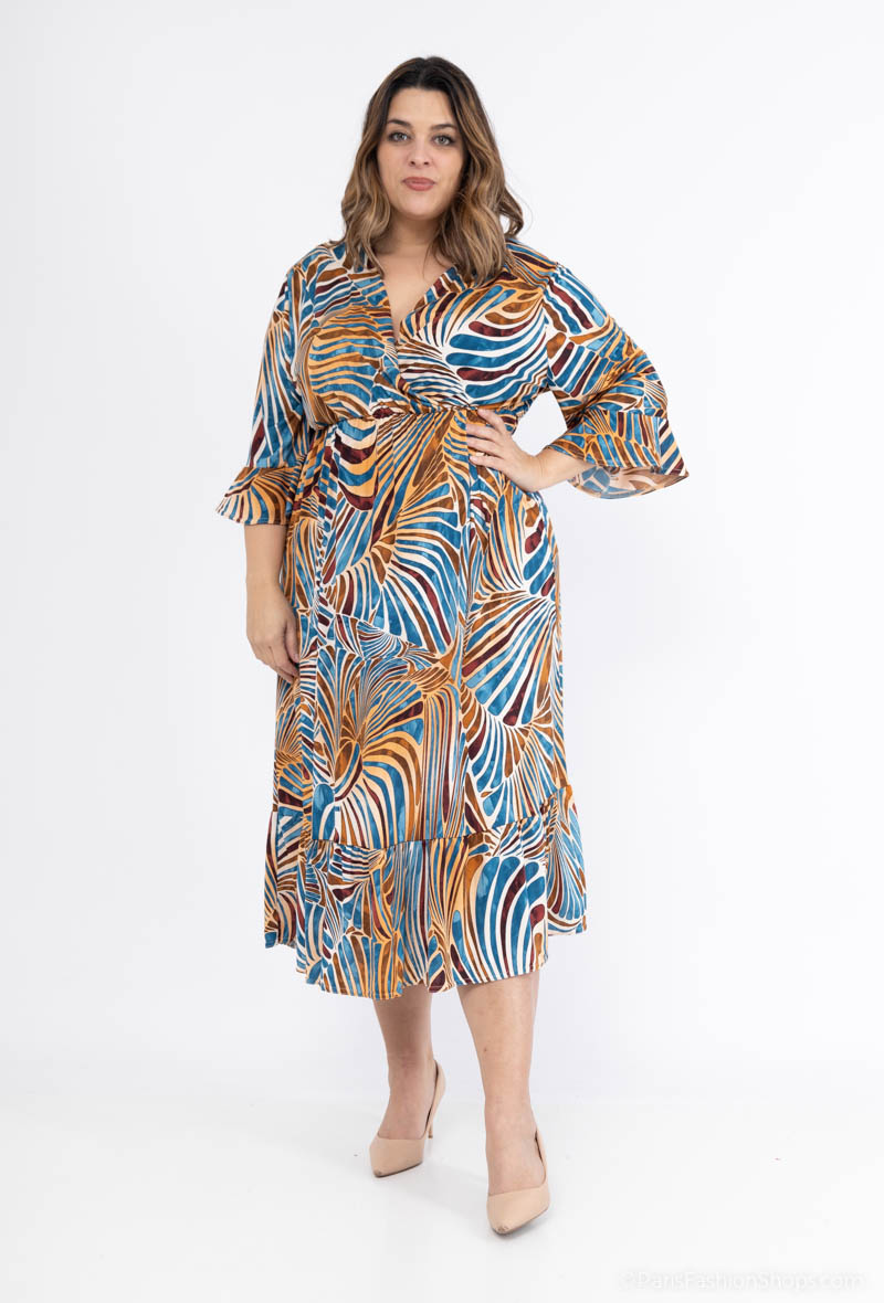 Mayorista 2W Paris - Vestido trapecio estampado manga evasé y volantes