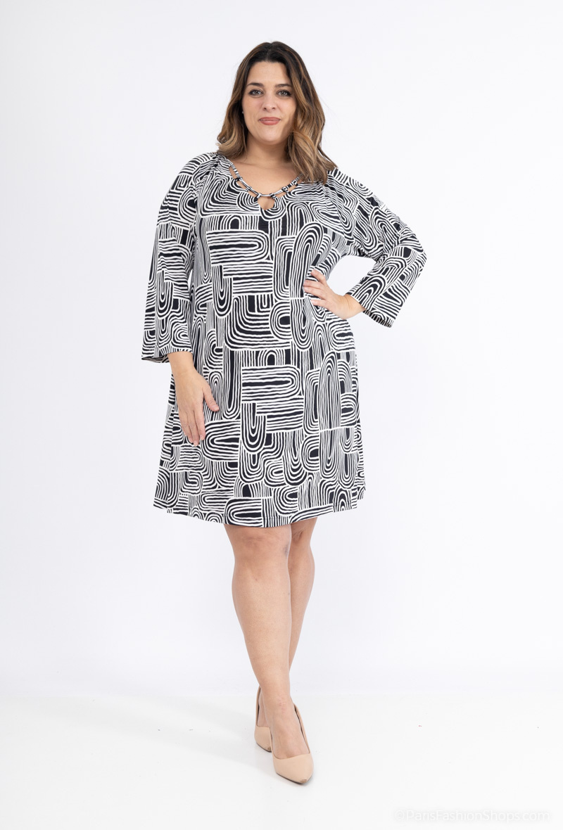 Wholesaler 2W Paris - Tunic dress with openwork collar print 3/4 sleeve detail